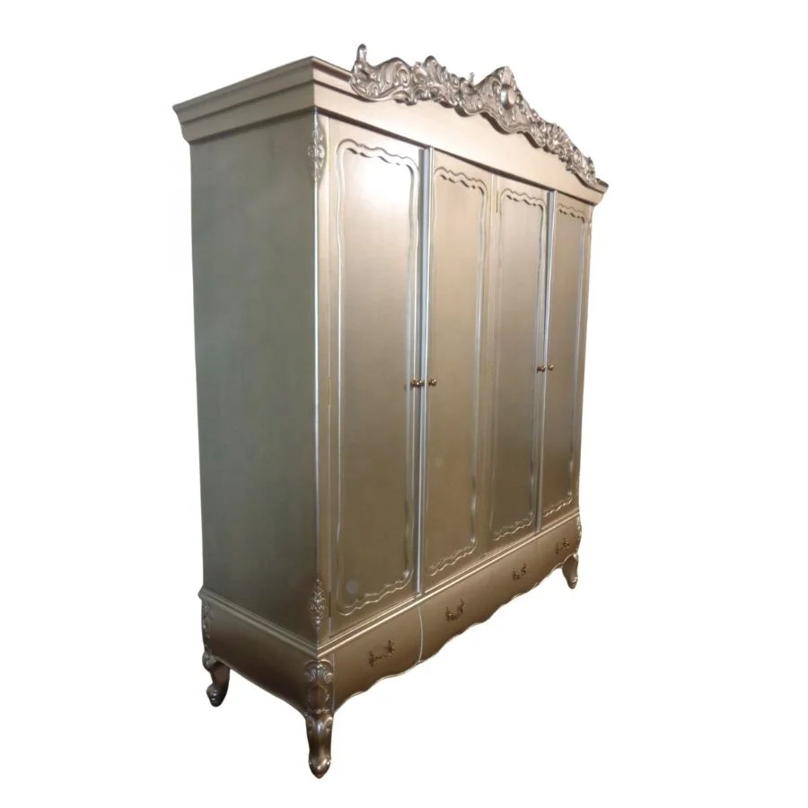French Style Armoire Wooden Rococo Wardrobe in Knock Down Furniture Antique Reproduction Closet for Bedroom Furniture Set
