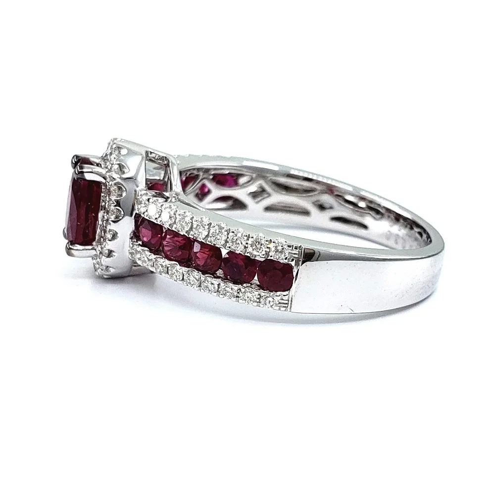 Hong Kong Supplier Jewelry Precious Best Quality Platinum White Gold Natural Diamond Color Stone Ruby Half Way Ring For Woman