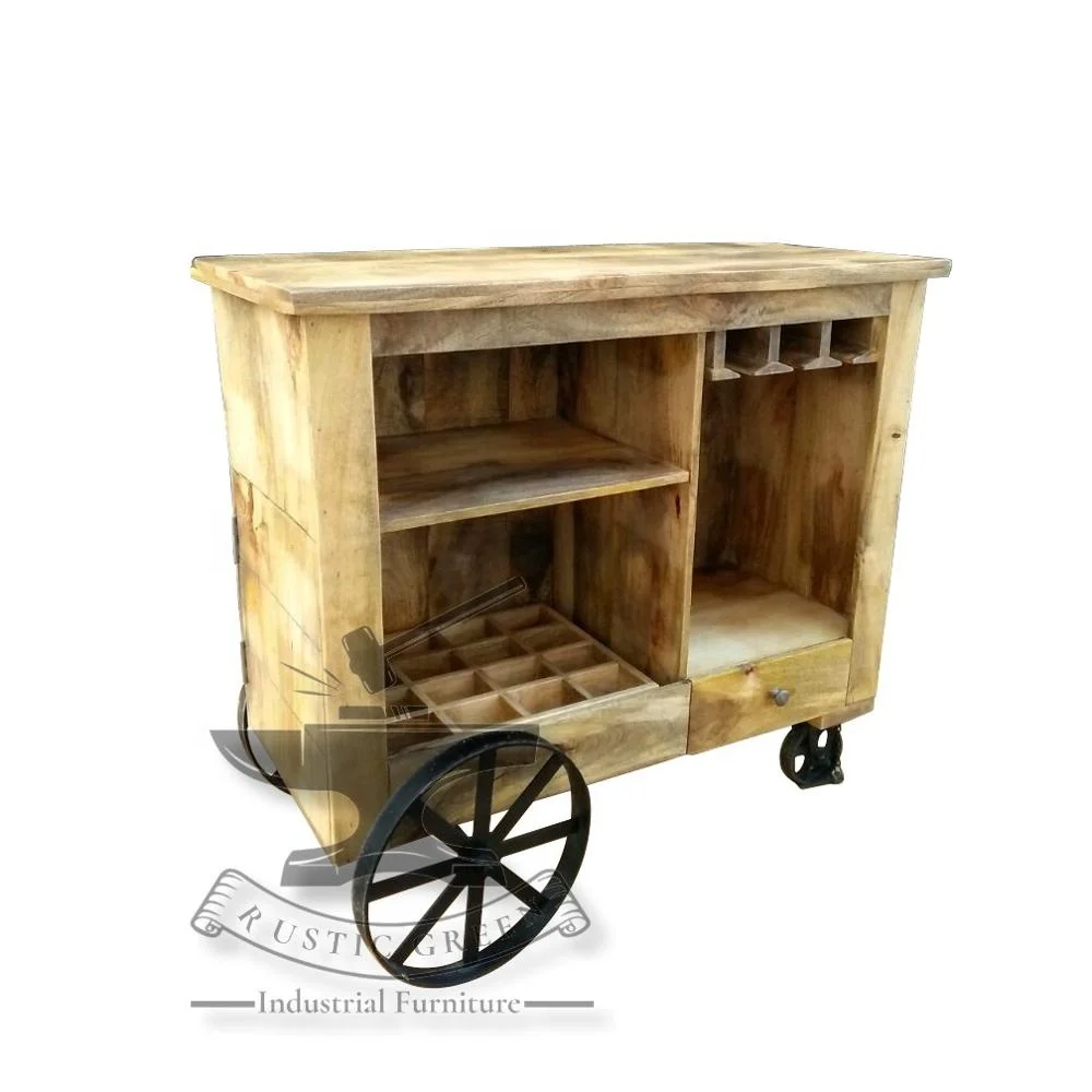 Industrial Wooden Bar Trolley Cabinet