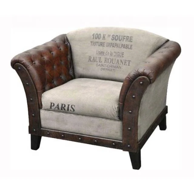 Vintage Leather Canvas Sofa Rustic Comfortable Single Seater Leather Canvas Sofa Modern Living Room Sofa