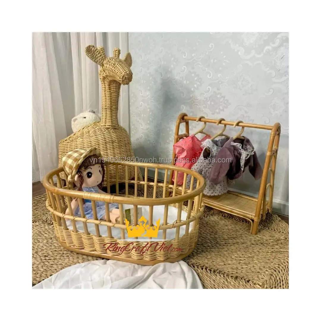 King Craft Viet Rattan Baby Bassinet Crib High Quality Wicker Doll Furniture Miniatures Toys Stroller Chair Bed Home Decoration