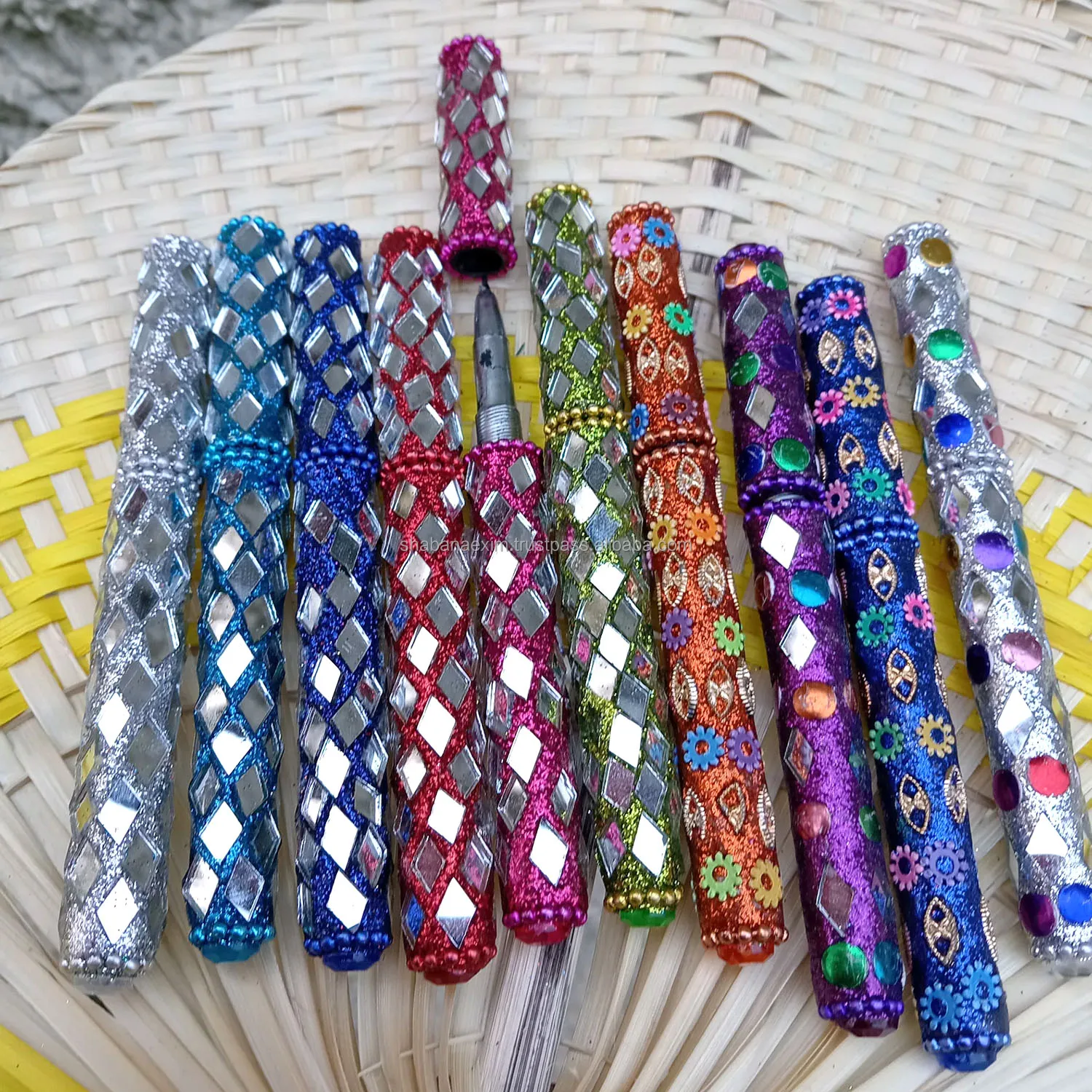 Unique Design Lac Glitter Pen with Beads and Mirror Indian Handmade Pen for Gifts and Souvnier from Indian Manufacturer