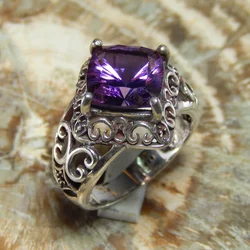 Vintage Emerald Cut Purple Amethyst Silver Ring 925 Solid Sterling Silver Ring Cushion Cut  Amethyst Gemstone Ring For Woman