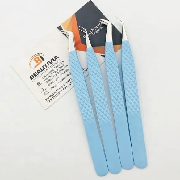 Sky Blue Color Coated Stainless Steel Hand Tested Light Weight Classic And Mega Volume Eyelash Extension Tweezers