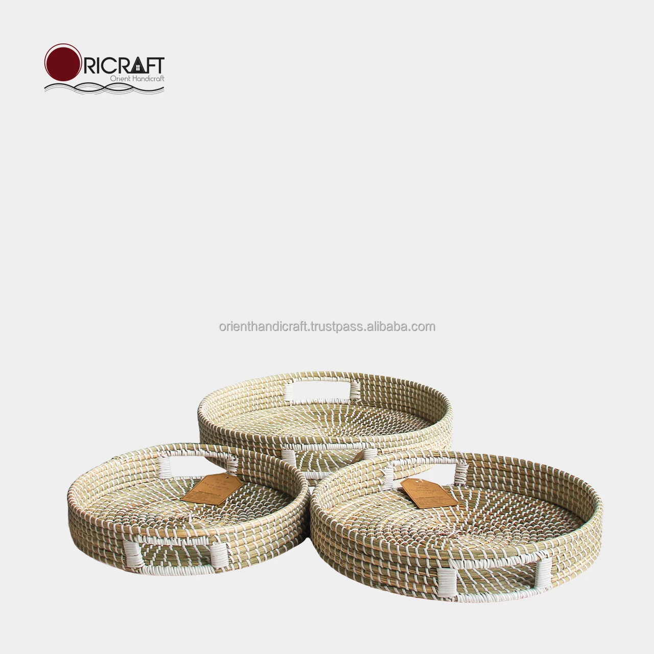 TORTILLA Coil Seagrass Serving Tray with Handles and White Thread (set of 3)