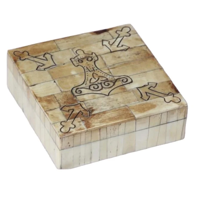 amazon hot selling 2023 Handmade bone carving gift box jewellery box with viking thor symbols