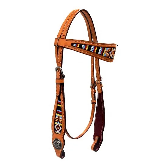 Most Popular Brown White Horse Leather Crystal Headstall with Fancy Buckle and colorful Crystals Conchos