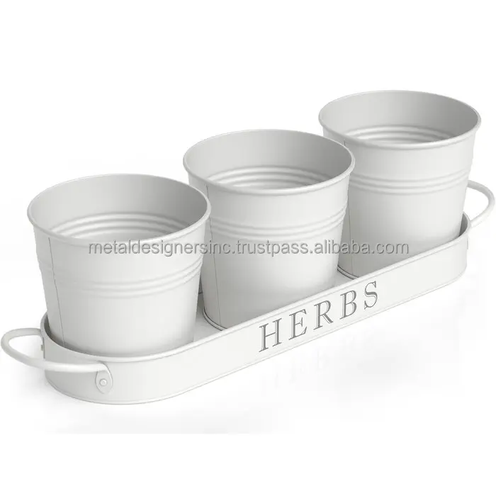 Set Of 3 Metal Planter Tray With Round Herb Pots Planter With handle Tray For Indoor And Outdoor Flower Pot Garden