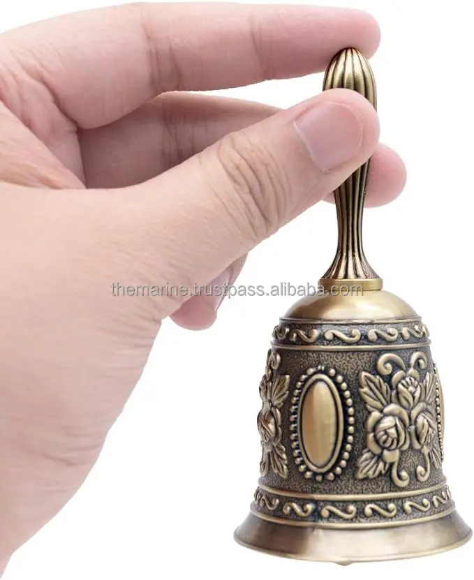 Solid Full Brass Antique Handheld Calling Bell With Elegant Flower Design for Souvenirs Gift