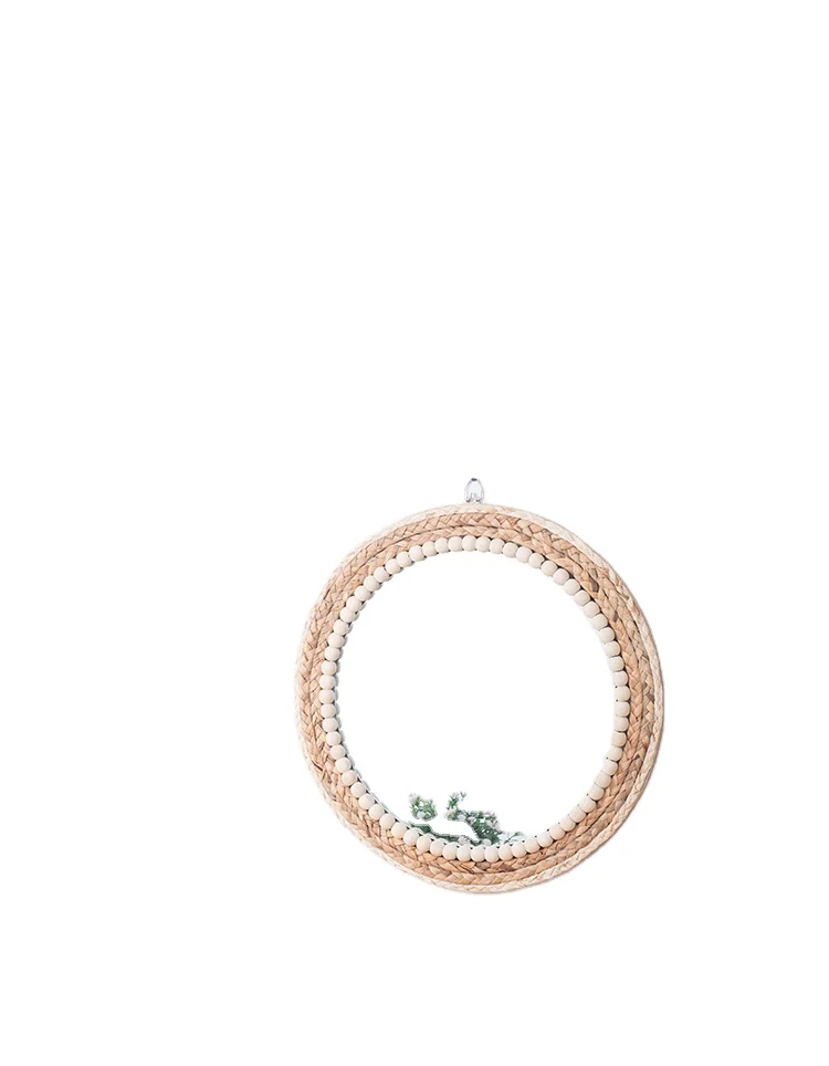 Wooden straw rope decorative mirror hotel  living room wallmirror round makeup mirror stick wall round mirror