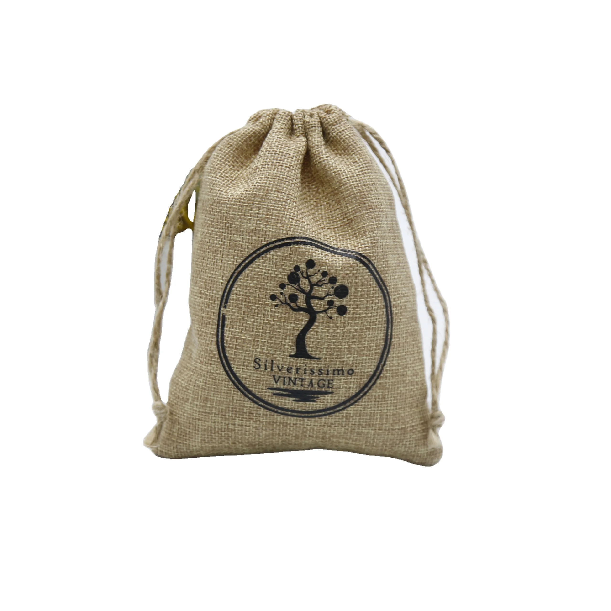 wholesale logo printed jute burlap gift bag with drawstring