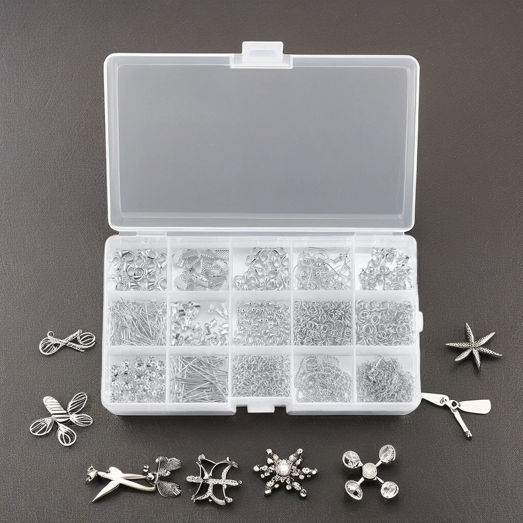Silver Plated Jewellery Finding Material Mix Box Eyepin Headpins Ear Hooks Bead Caps Jump Rings Clasps Chains and Cord End