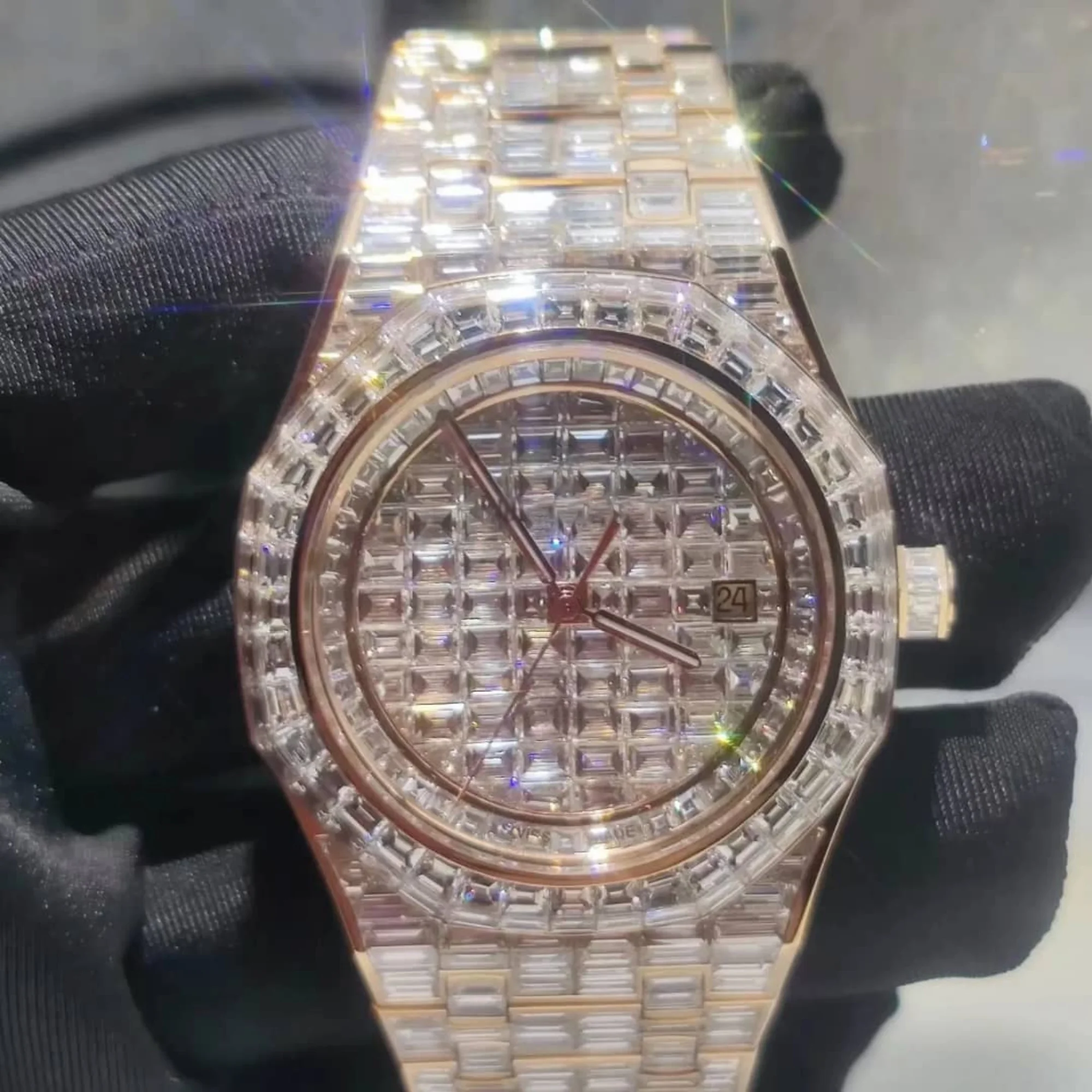 Latest Trending Design Big Dial Customize Diamond Vvs Moissanite Watch Iced Out Hiphop Stainless Steel Mechanical Gia For Men