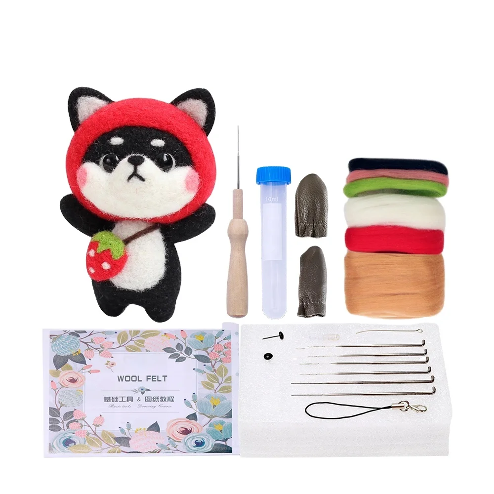 NO.9 Strawberry Black Shiba Inu DIY Handmade Felt Toy Wool Needle Felting Kit