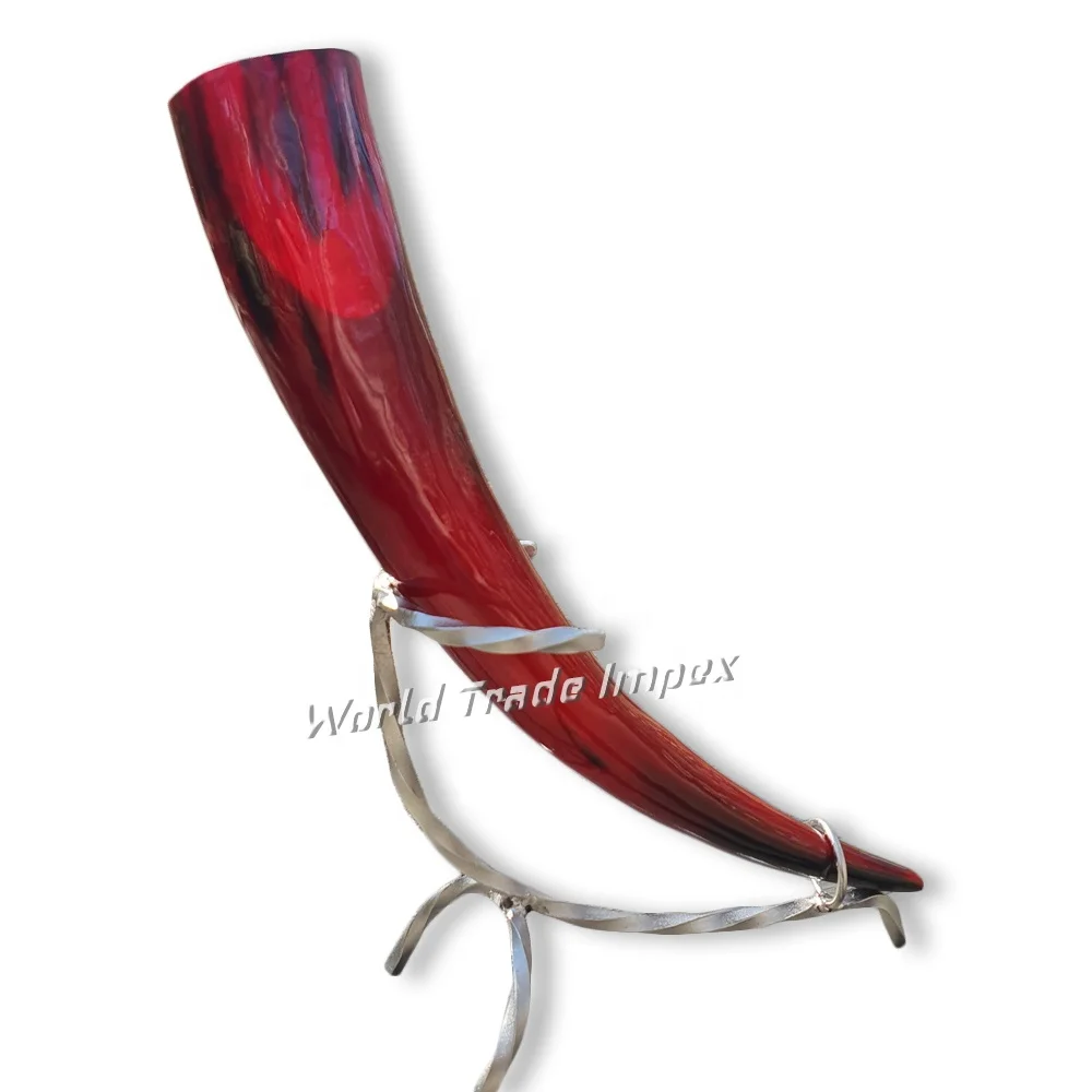 Red color drinking horn with iron stand