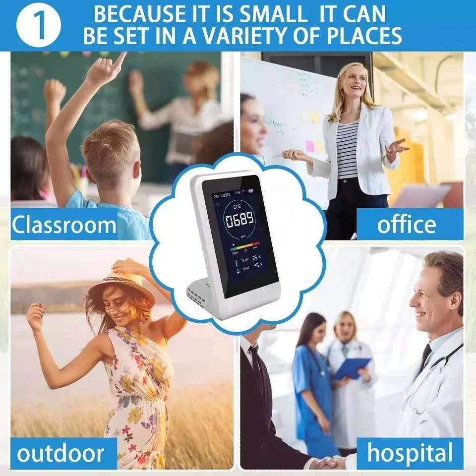 CO2 Monitor NDIR Temperature and Humidity and Air Quality Detector 2000mAh Rechargeable with Auto Alarm