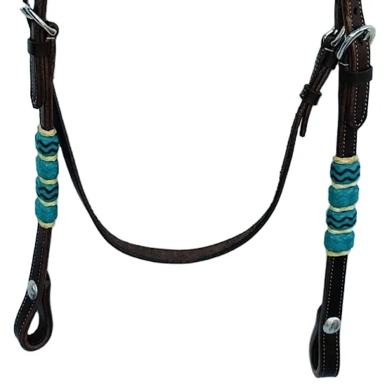 Hot Sale Brown Leather Headstall With  Blue And White Rawhide knotting Headstall For Horse Riding At Affordable Price