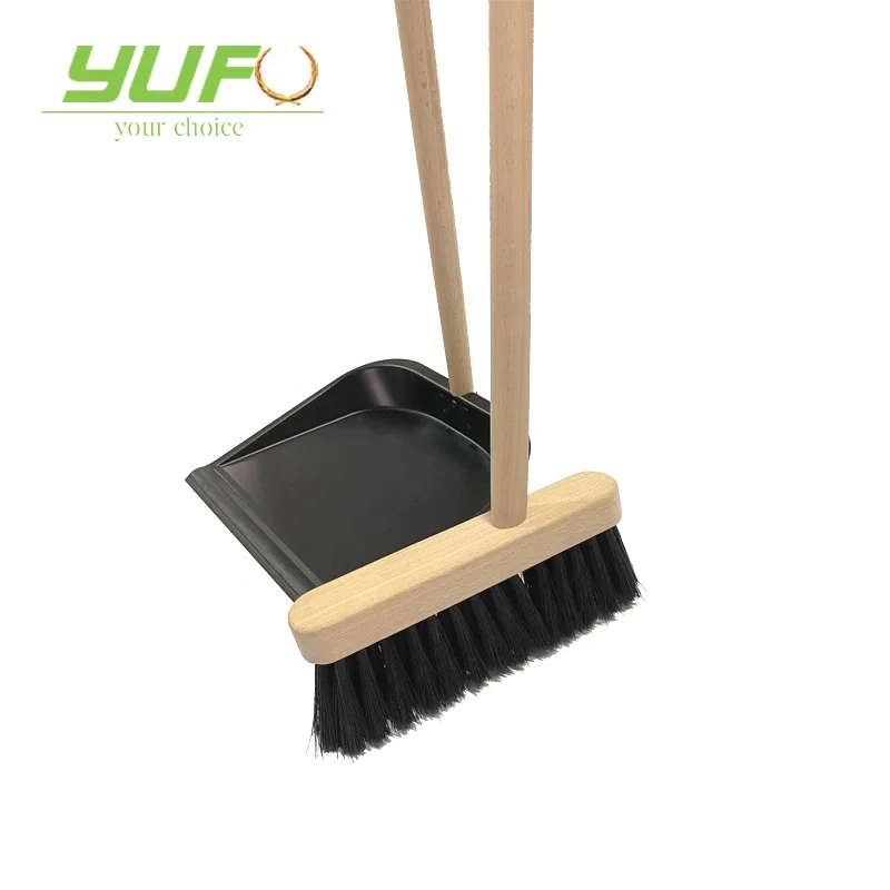 magic standing long handle natural Beech wood high elastic PBT fiber cleaning broom with iron dustpan set home hotel sweeping