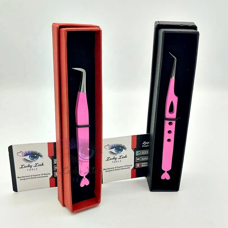 Powder Coating Pink Color Heart Shape Tail Eyelash Extension Tweezers Solid Stainless Steel false Eyelashes Customized Label