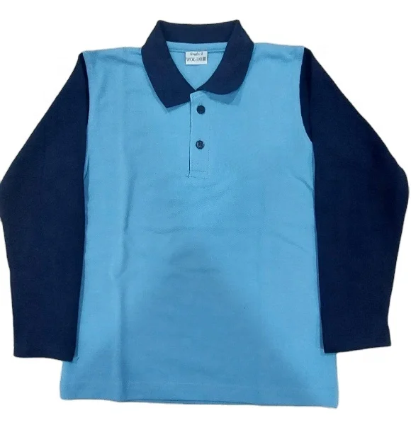 Custom Logo Long Sleeve Uniform Blue T-shirt For School Student Clothing Boys and Girls Polo Shirts