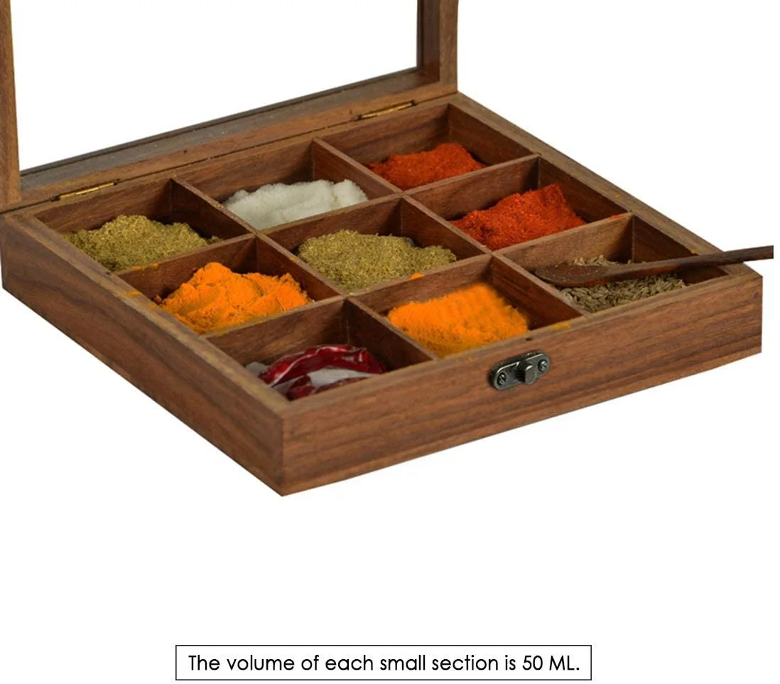Sale Spice Box With Spoon In Acacia Wood Spice Box For Kitchen Indian Wood Container With Lid Decorative Kitchenware