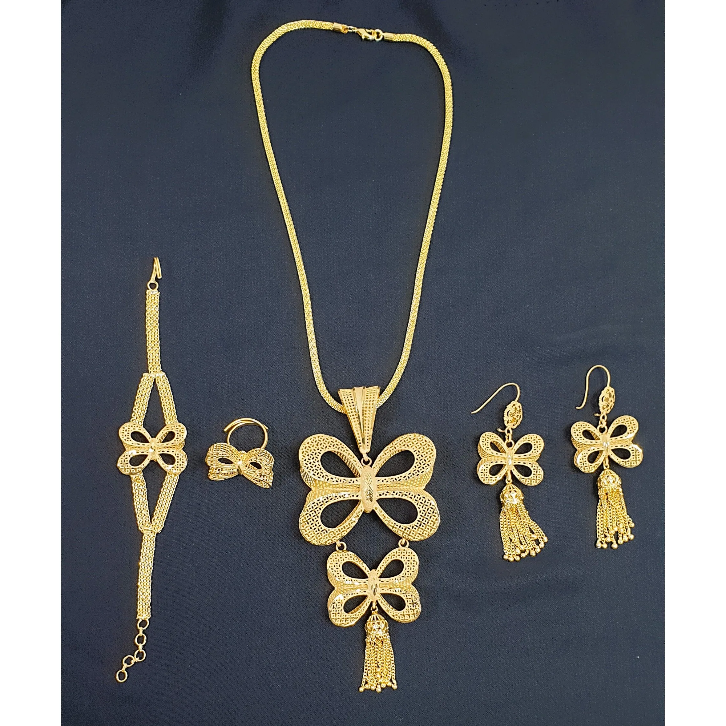 Hot-Selling Collection Dubai 24KT Gold Plated Attractive Women Jewelry Set 5 GRM Modern With Gold Bracelet Ring Earring New Best