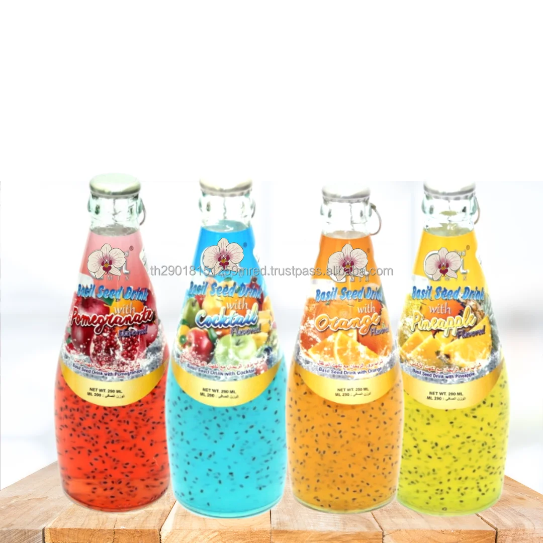 Sterilized  Basil seed and Chia Seed Drink with Fruits Flavors of Thailand Sterilization retort on glass bottle