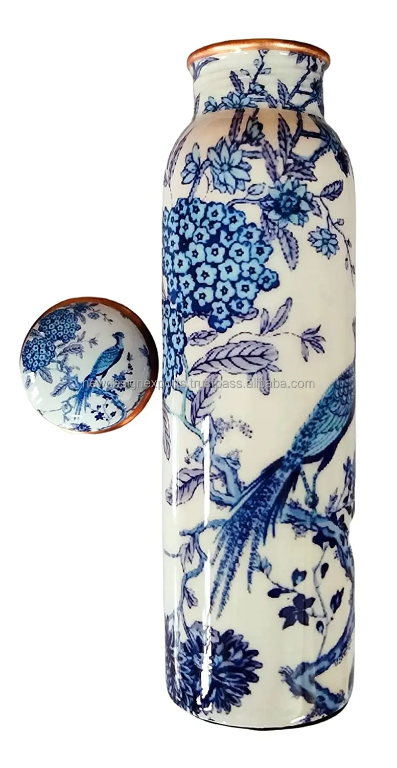 Бутылка для воды из чистой меди премиум-класса с принтом Meena офиса и Аюрведического пользования здоровья (1000 мл) дизайн павлина