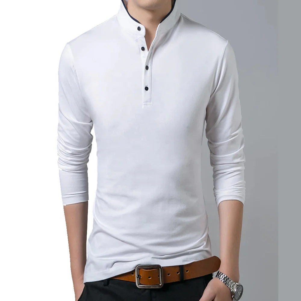 Wholesale Men Cotton T Shirt Full Sleeve T-shirt Men Solid Color T-shirts tops tees Mandarin Collar Long Shirt