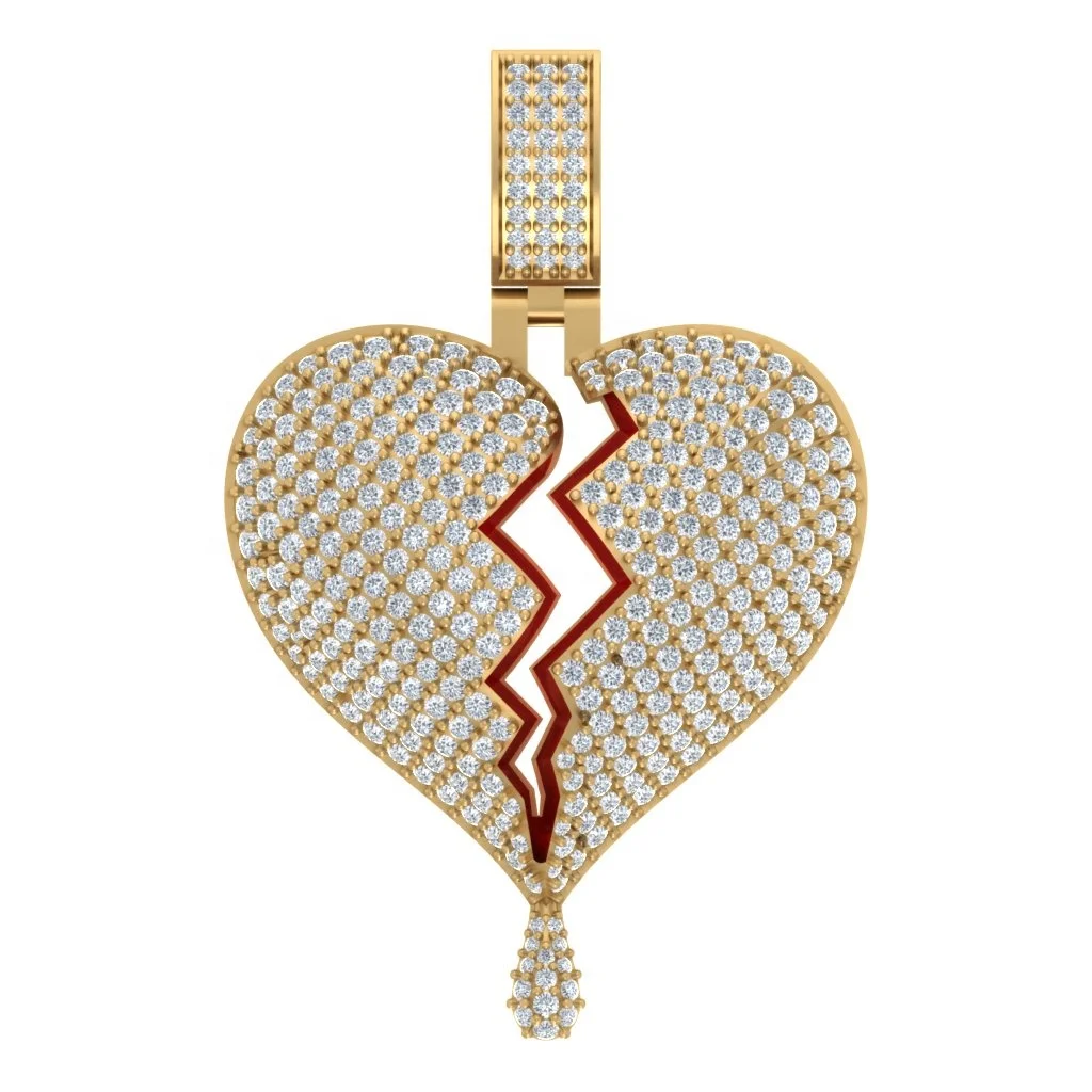 Broken Heart Diamond Pendant Yellow Gold IGI 10KT REAL GOLD Partly White Rhodium,fine Gold Micro Insert Round Brilliant Cut