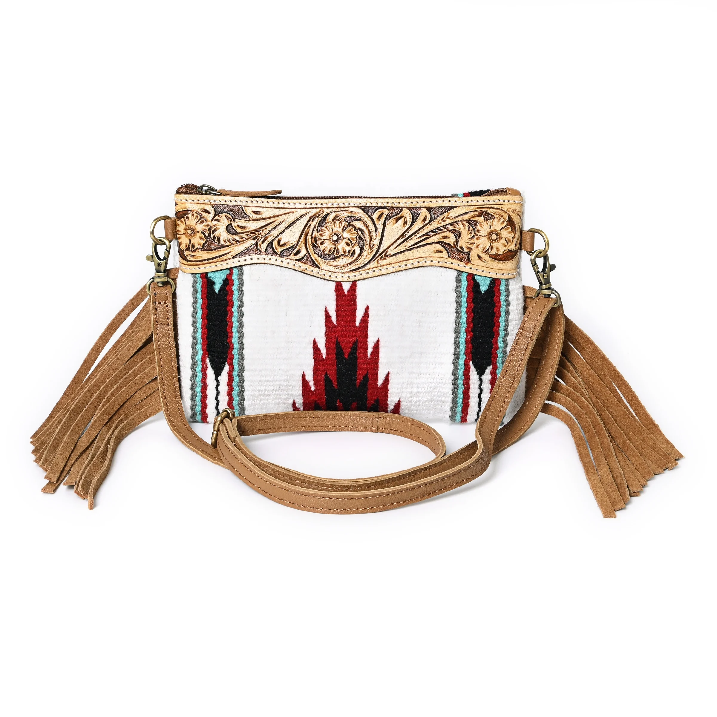 Small Crossbody Bag Made of Woolen Saddle Blanket Tooled Leather Cowhide Patch on Top With Cow Suede Fringes Matching Handle