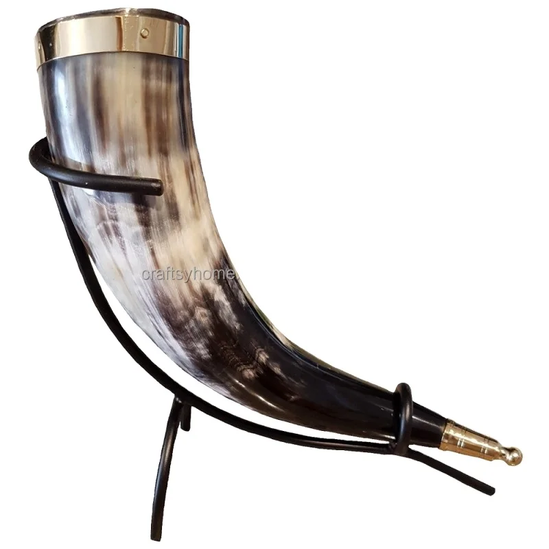 Best Quality 100% Natural Buffalo Horn With Iron Stand/Viking Drinking Real Horn With Brass Rim Premium Product for Beverage