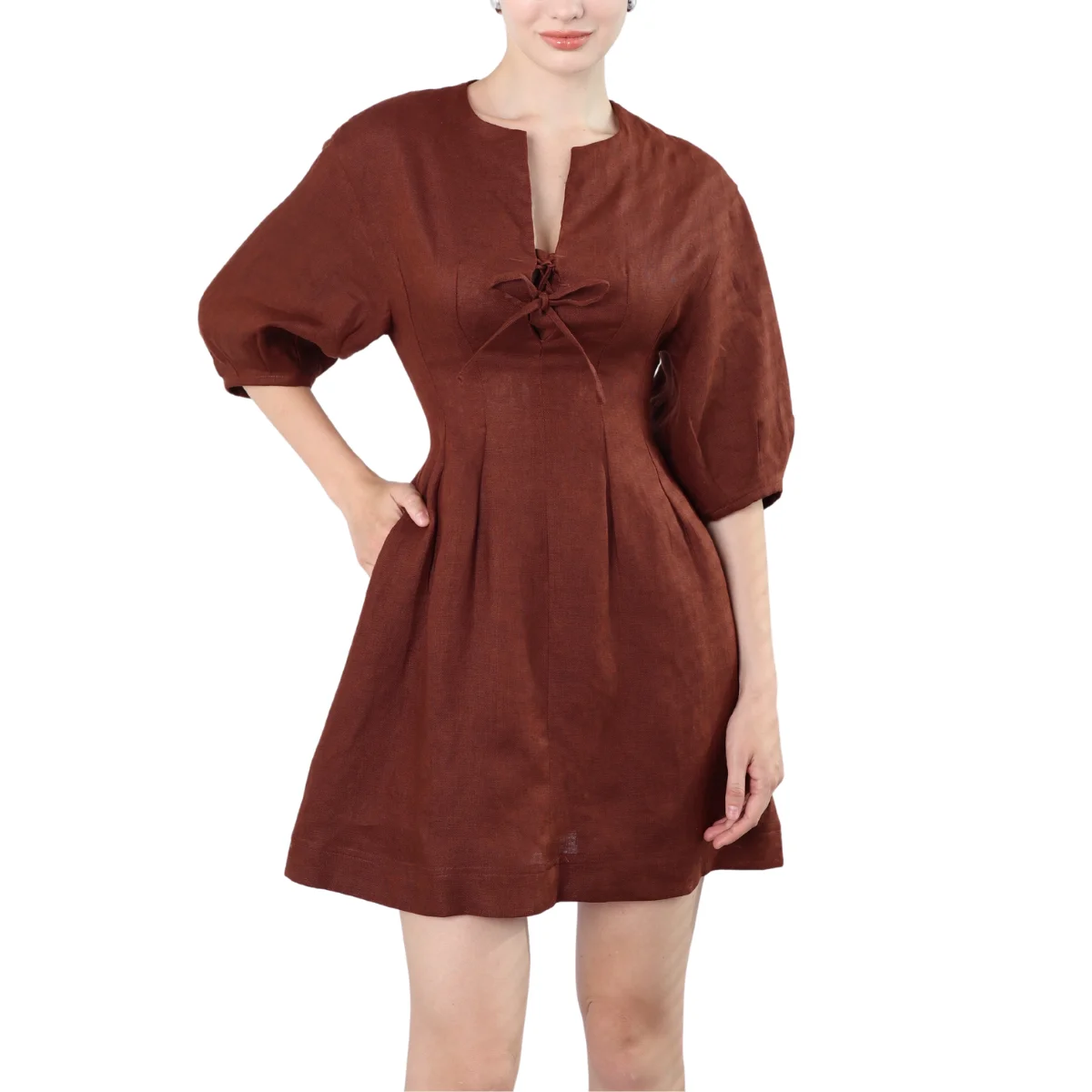 Wholesale Dresses Women Linen Clothes 100% Linen From Vietnam Reasonable Price Casual Women Sexy V-Neck Puff Sleeve A-Line