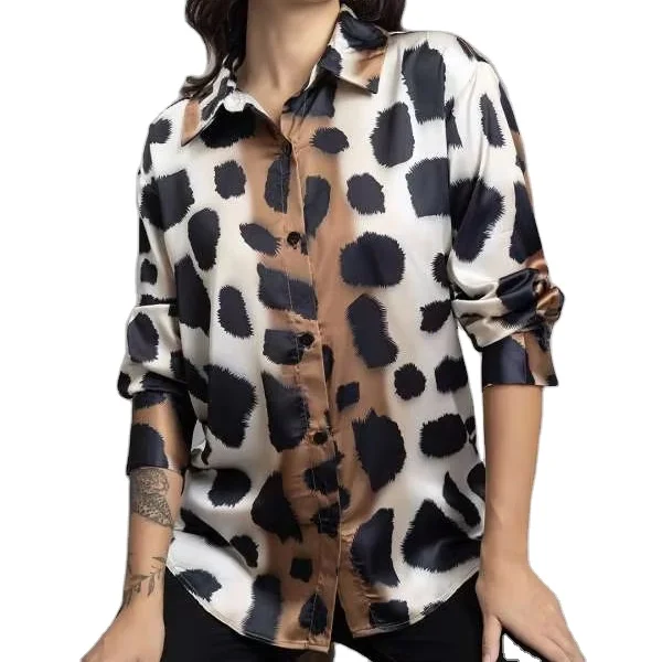 Latest leopard print satin smooth silk shirt collared for women 2024 fresh arrival