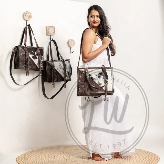 LW Western Style Cowhide Fur Leather Tooled Fringe Tote Bag Handcrafted Fashionable High Quality Tooled Women Shopping Handbags