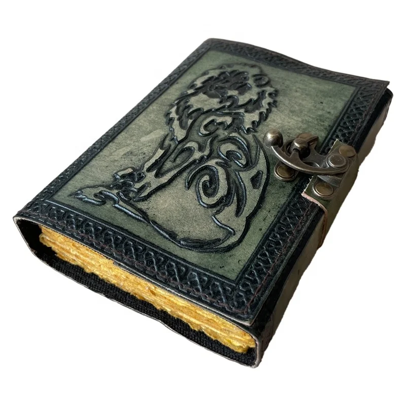 Vintage Leather Journal 200 Sketchbook Book of Charmed Spell Antique Handmade Deckle Edge Paper Lion Charcoal Green Embossed