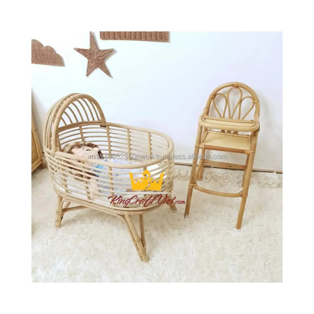 King Craft Viet Rattan Baby Bassinet Crib High Quality Wicker Doll Furniture Miniatures Toys Stroller Chair Bed Home Decoration