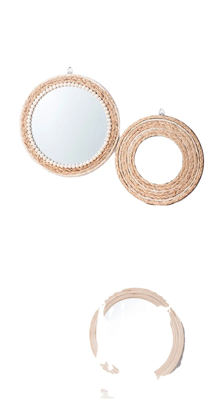 Wooden straw rope decorative mirror hotel  living room wallmirror round makeup mirror stick wall round mirror