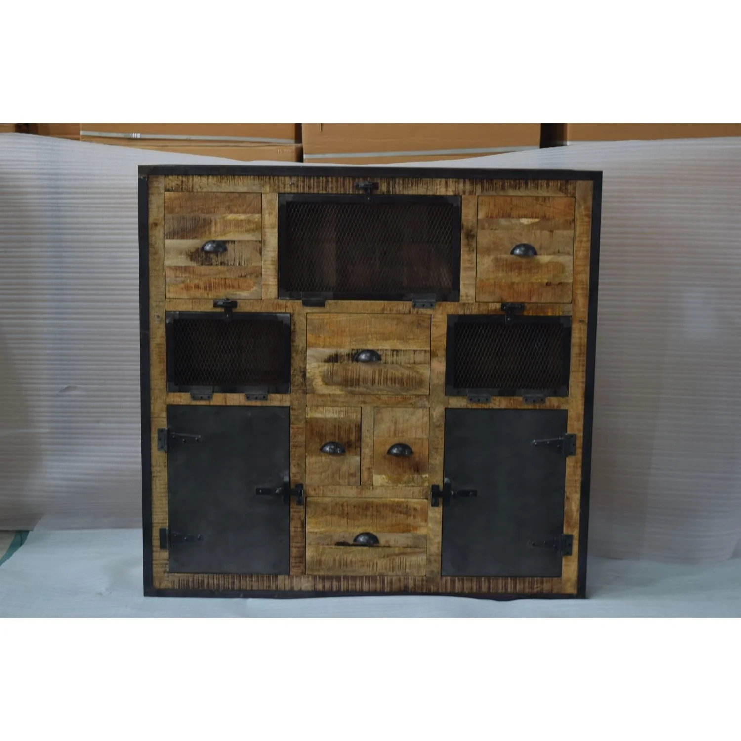 Industrial Modern Solid  Mango Wooden Metal Door  Sideboard Bed Room Workshop Living Room Cabinet