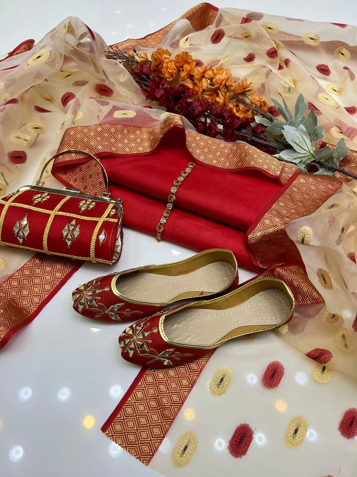 Pakistani Women Clothing 3 Piece Kattan Silk Suit with Printed Organza Dupatta with Clutch & Khussa