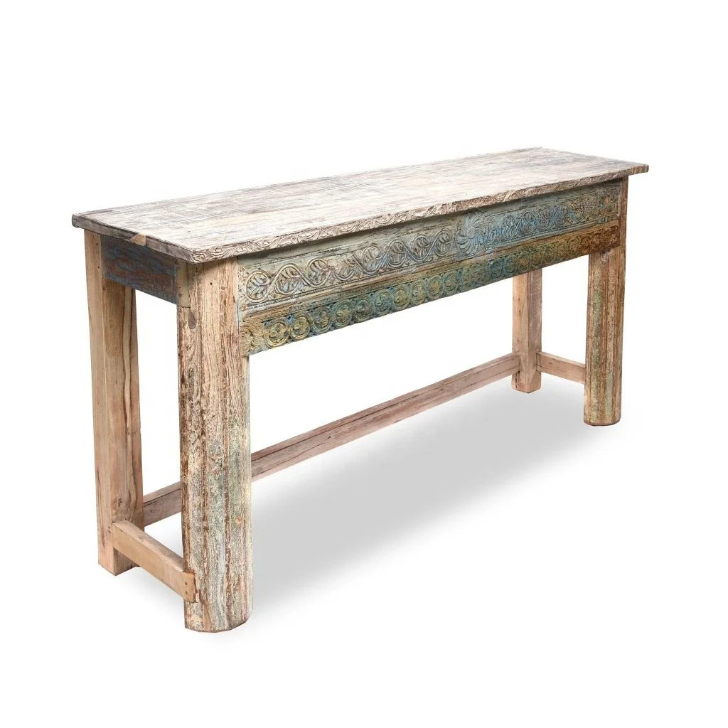 Antique Rustic Indian Carved Wooden Console Table Vintage Distress Finish Reclaim Wood Wall Corner Table Jodhpur Hallway Table