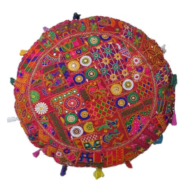 Bohemian Round Patchwork Pillow covers Indian Handmade Hand Embroidered Patchwork Cushion Cover With PomPom Home Decor