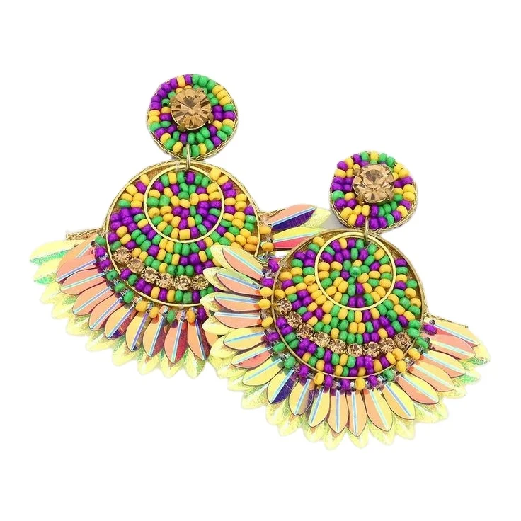 Mardi Gras party accessories Statement bead earrings Embellished beadwork Elegant seed bead jewelry Intricate beading patterns