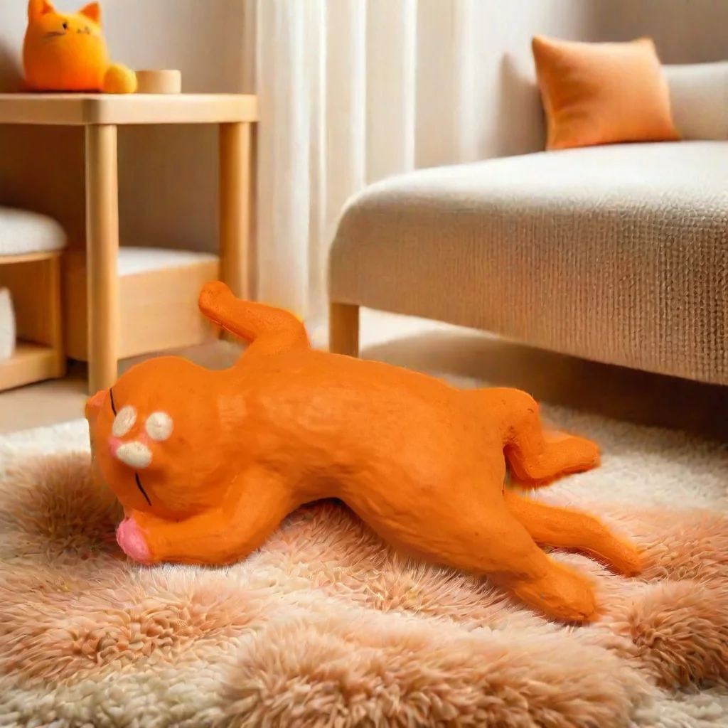 Dreaming and Stretching Sleepy Little Orange Miniature Cat Lying on Floor for Doll House Accessories