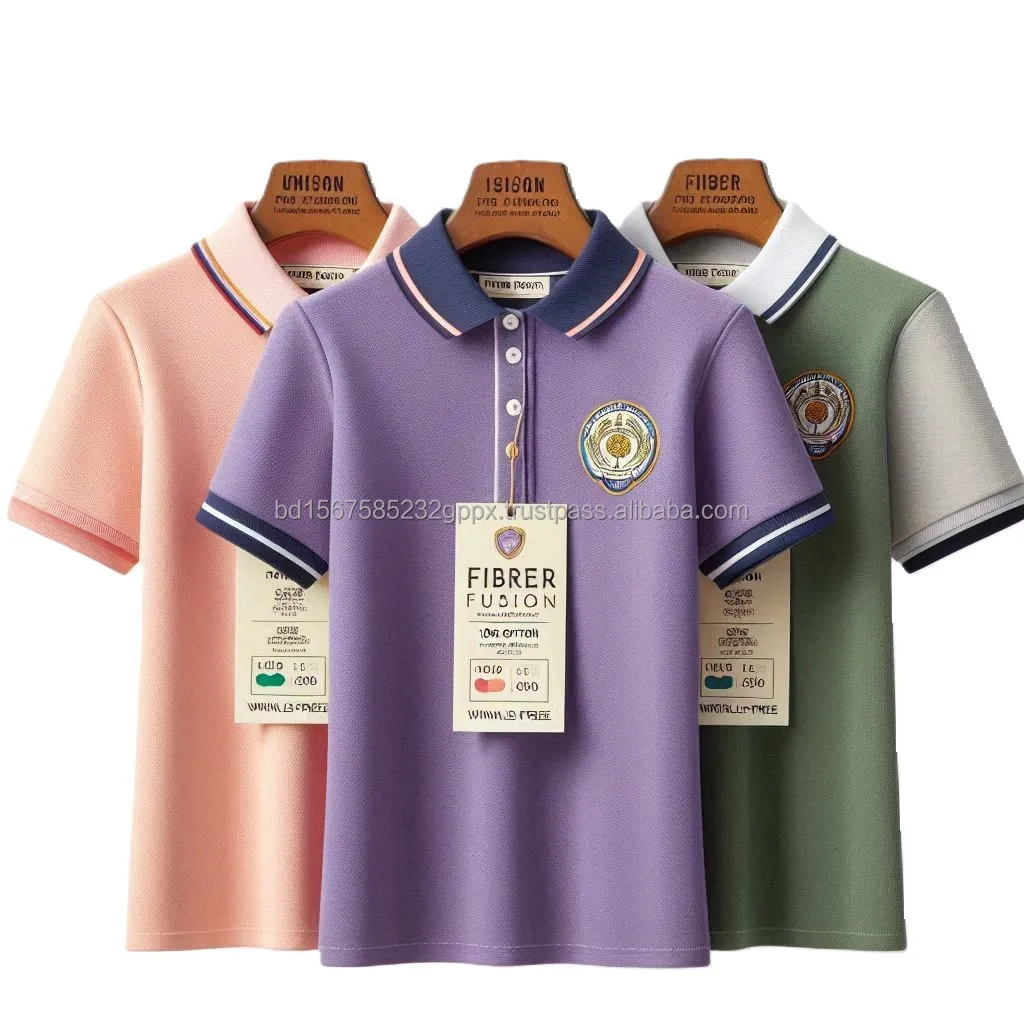 Comfortable Durable Girls Polo Shirts Formal Solid Pattern Knitted Cotton Uniform Dresses O-Neck Short Sleeve Logo Badge Printed