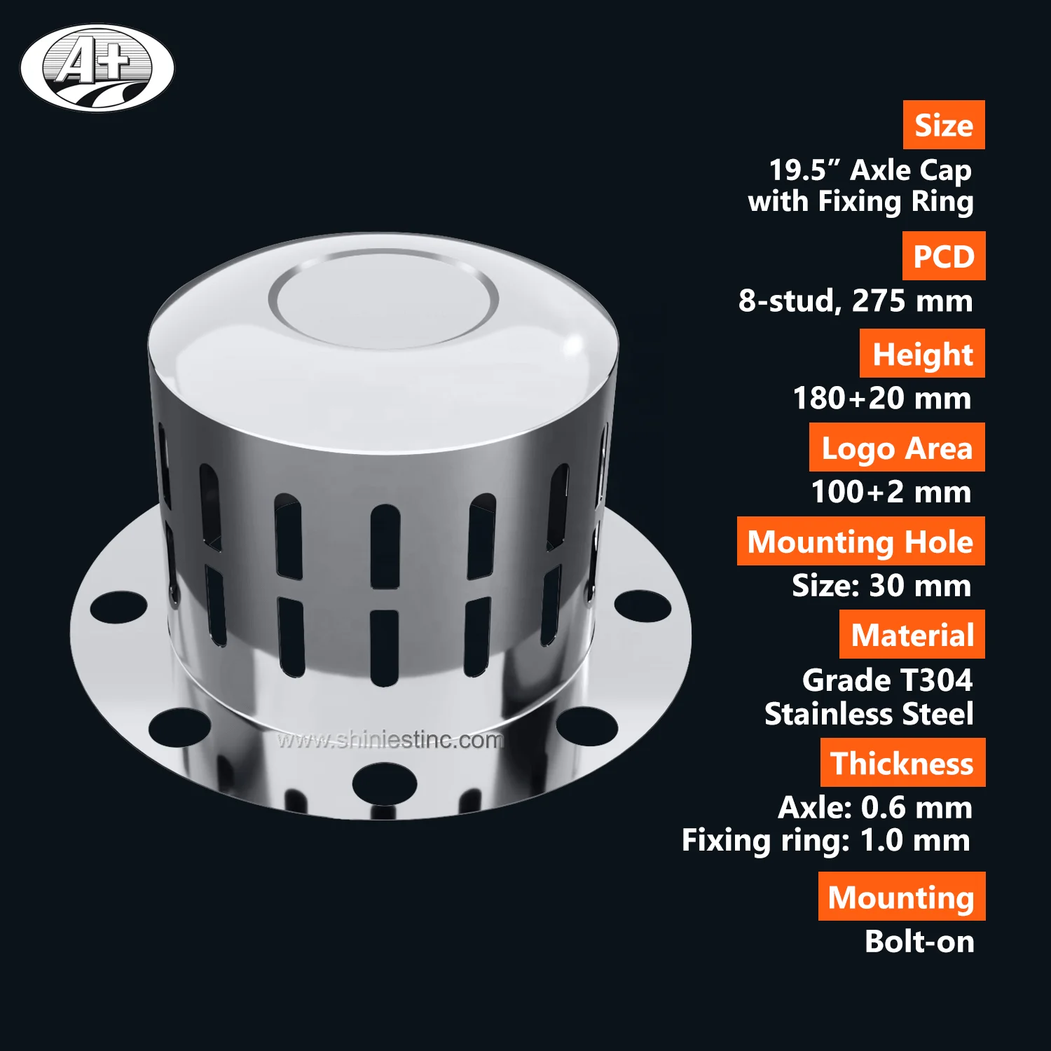 195AC-A_EU 19.5 T304 Stainless Steel Truck/Bus Rear Axle Cover cap One-Piece Design