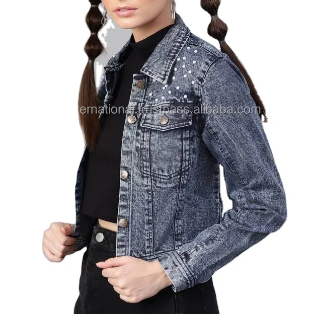 Wholesale Fashion Fancy Pearl Beaded Denim Coat Long Sleeve Short Tops Medium Blue Beading Jeans Denim Breathable
