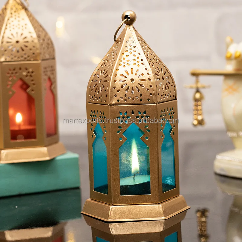 Moroccan Metal Candle Lantern with Colored Glass Antique Metal Candle Lantern Hanging Indoor and Outdoor