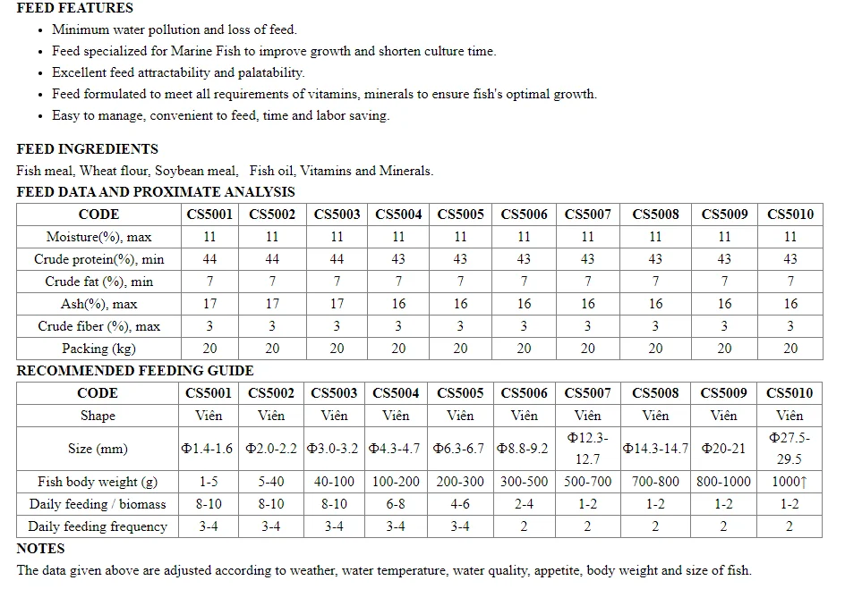 Marine Fish Floating and Sinking Pellet Feed Accelerated Growth Formula with High-Quality Protein 20kg/bag Exported from Vietnam
