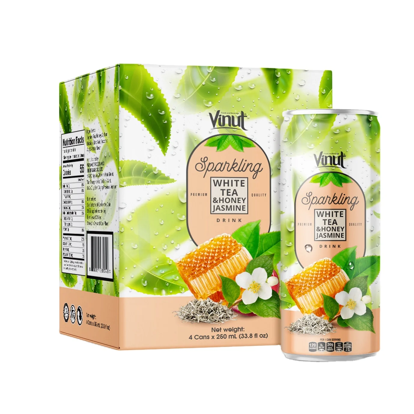 
250ml Tonic Soda Soft Drink Box 4 Cans White tea & Honey Jasmine Customized OEM Private Label 